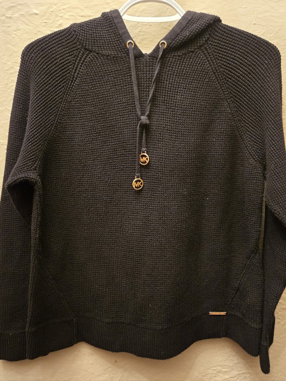 Michael Kors Black Waffle Knit Hoodie Sweater Gold Logo Details